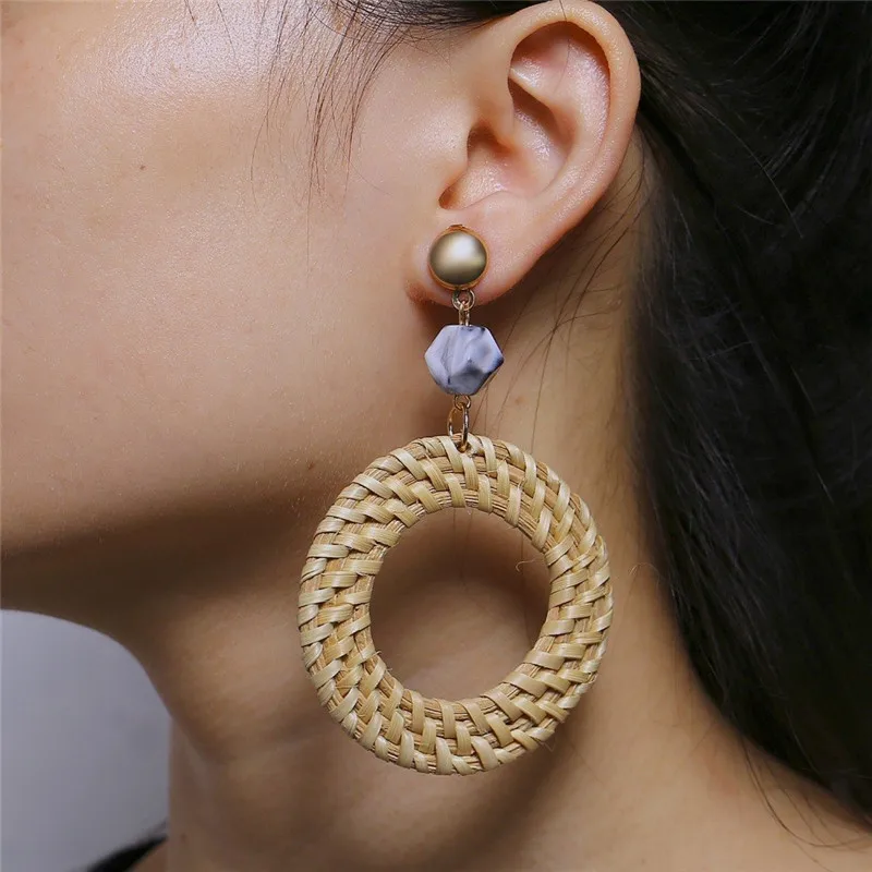 Handmade Woven Bamboo Wicker Straw Rattan Triangle Geometric Statement Earrings Fashion Boho Drop for Women Girls | Украшения и