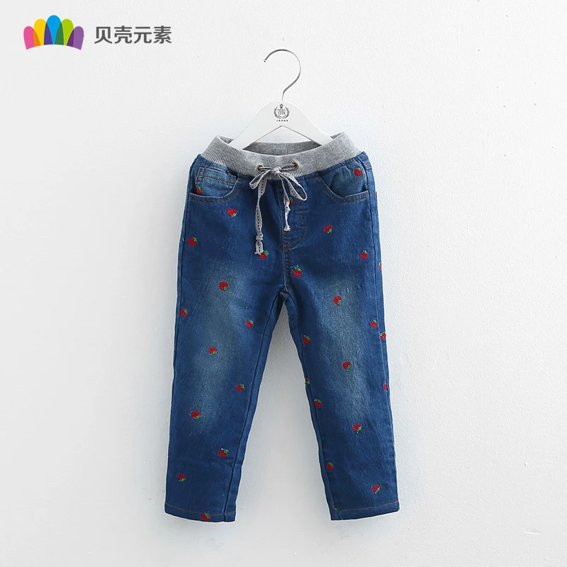 2017 популярные джинсы для девочек вышитые Принт мягкий деним штаны детская одежда