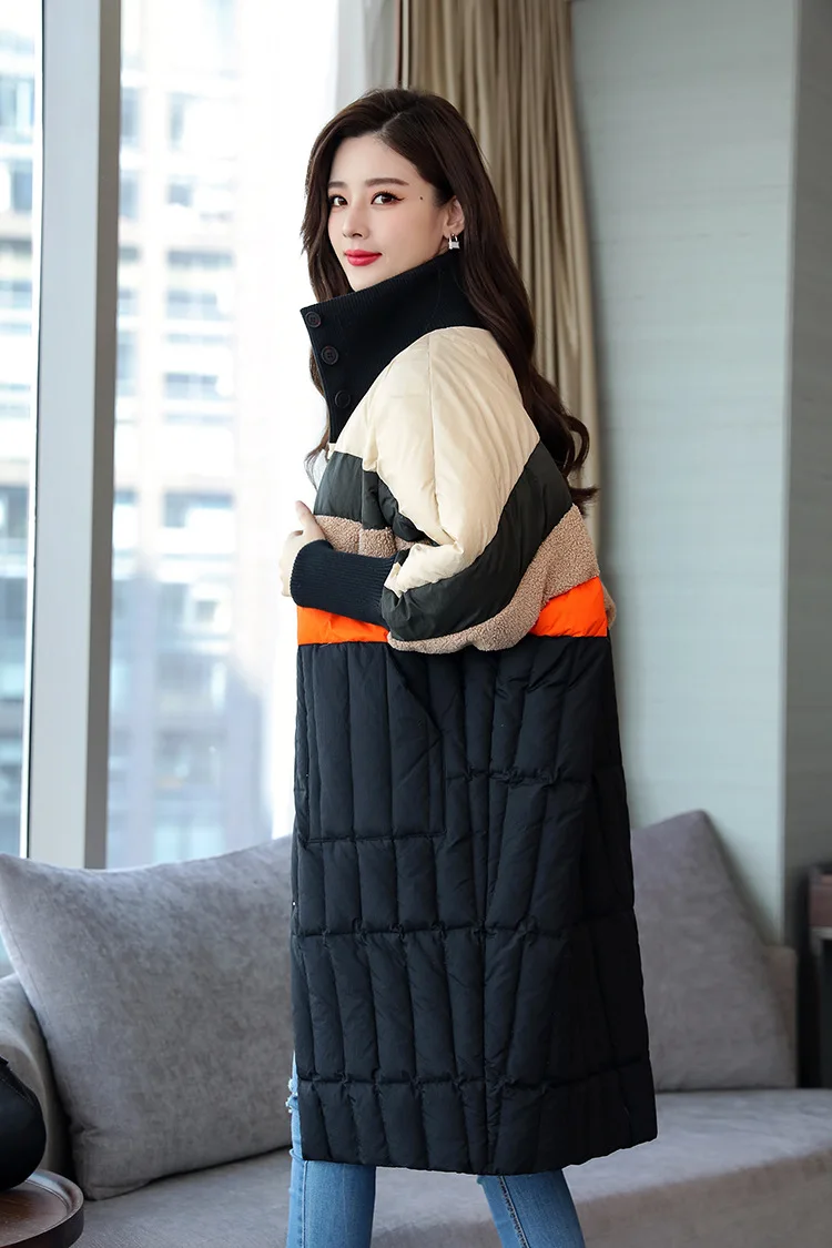 

Winter fashion brand good quality over the knee longer duck down coat female hit color knit stitching warm down coats wq530