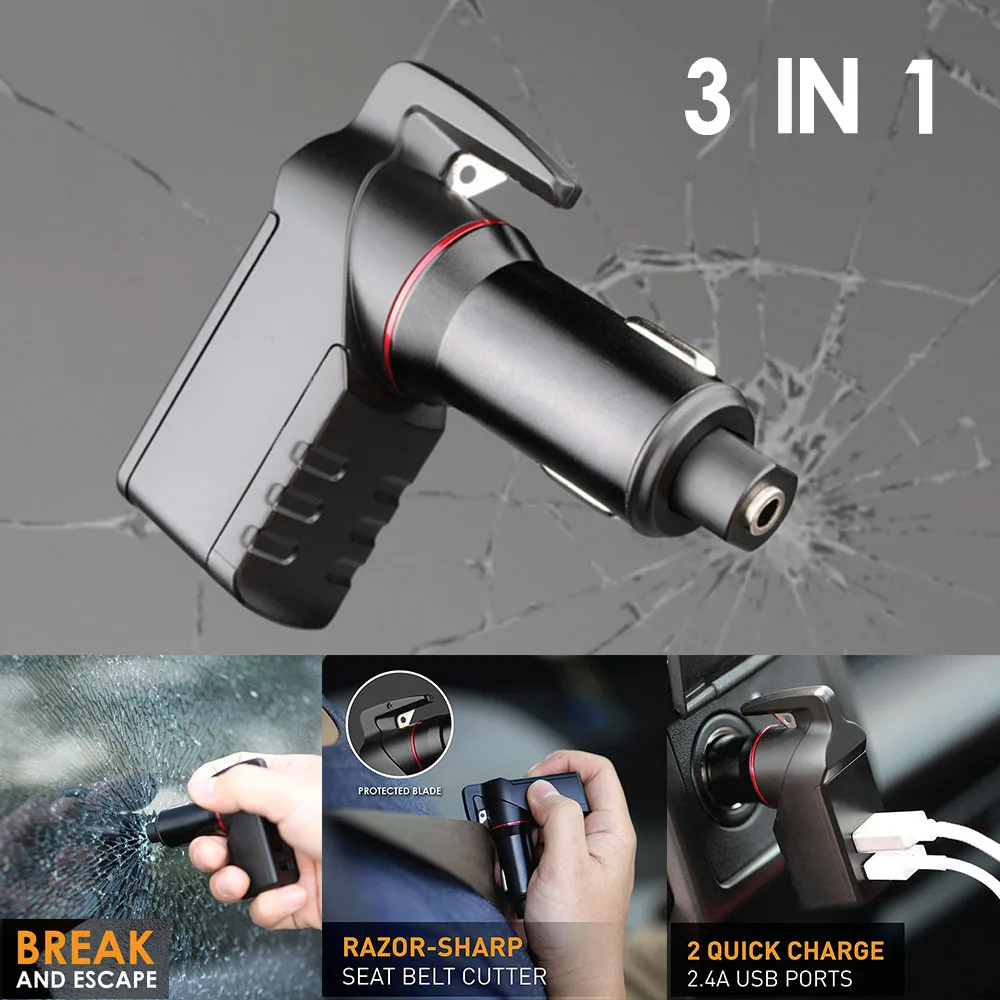Быстрое зарядное устройство 3 в 1 USB Автомобильное зарядное устройство ремень безопасности резак аварийный молоток подпружиненный стеклянный выключатель Бритва для Sharp
