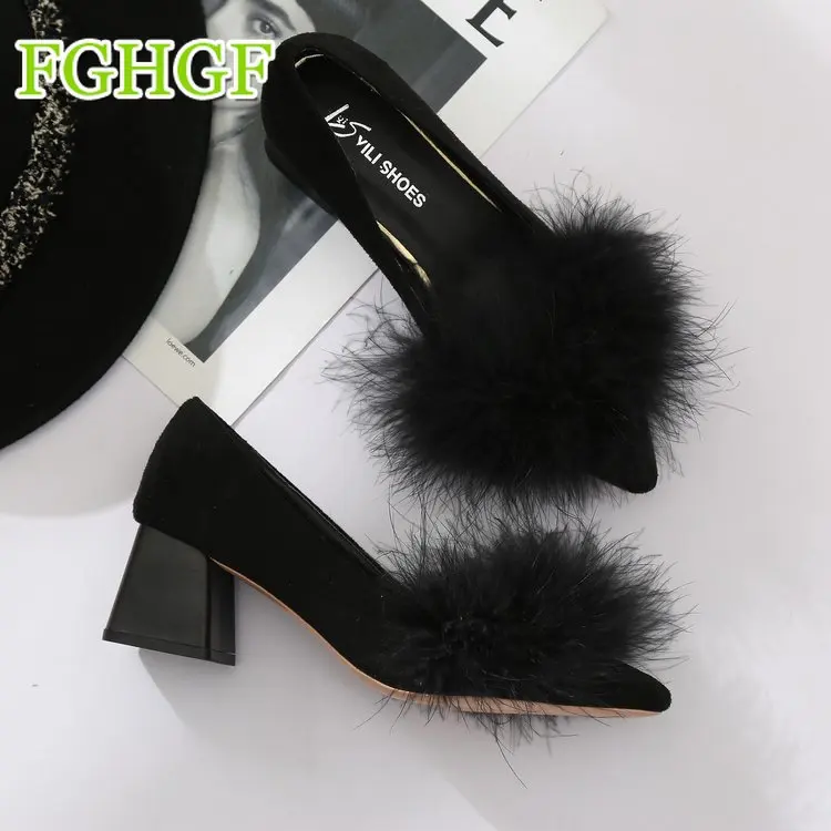 2018 Autumn New Wild Pointed High Heels Shallow Mouth with Hairy Single Shoes Female | Обувь