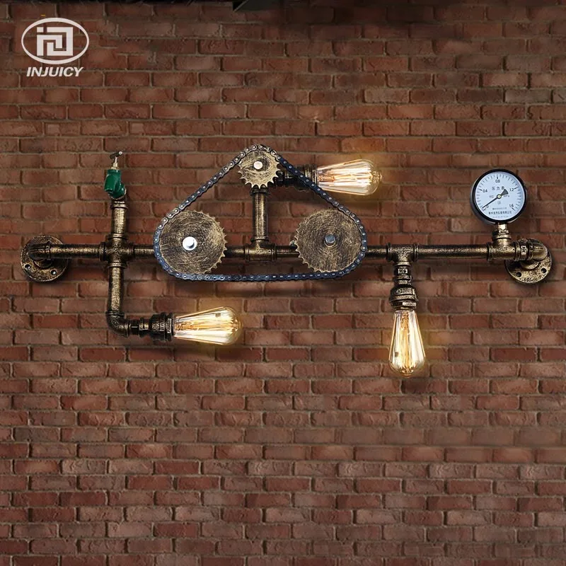

Loft Industrial Wall Light Iron Rust Art Water Pipe Wall Lamp Edison American Vintage Gears Bar Coffee Shop Aisle Lighting