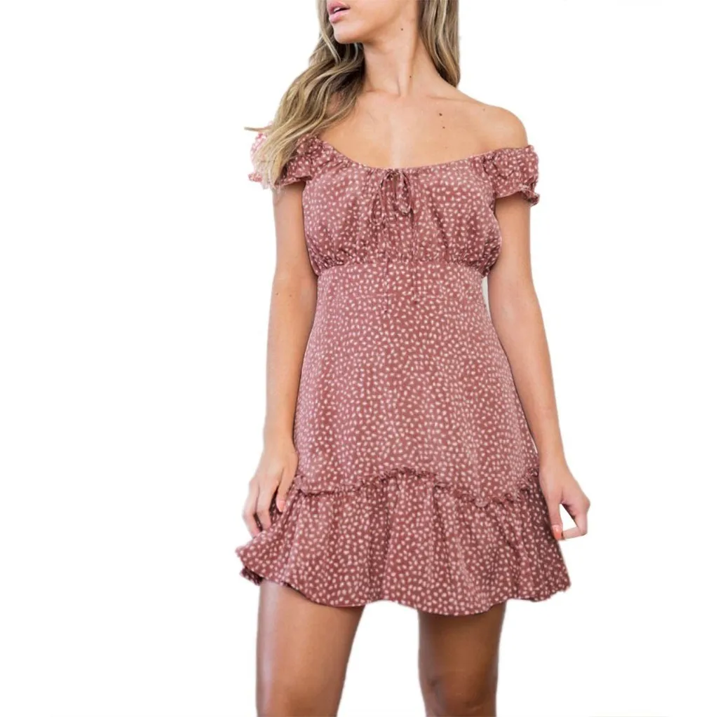 Pink TELOTUNY женское платье из полиэстера, новинка, модное женское платье с коротким рукавом и открытыми плечами, платье в горошек, летние праздничные платья 19L0415 - Цвет: Pink