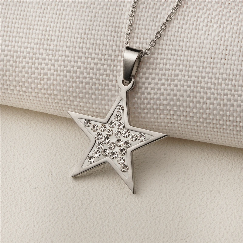Top Quality Women Fashion Jewelry Necklaces Stainless Steel Star Pattern Crystal Pave Charm Korye Bijoux Femme | Украшения и
