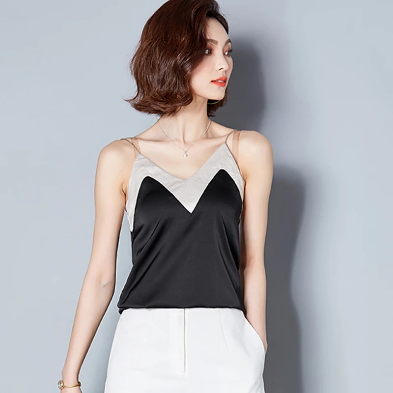 Майка женская шелковая майка Roupas Slik Patchwork 2019 Летний стиль Женская однотонная