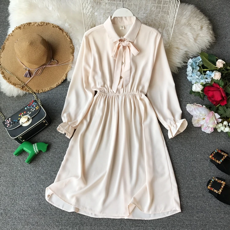 Женское шифоновое платье ALPHALMODA с длинными рукавами и бантом на воротнике в стиле