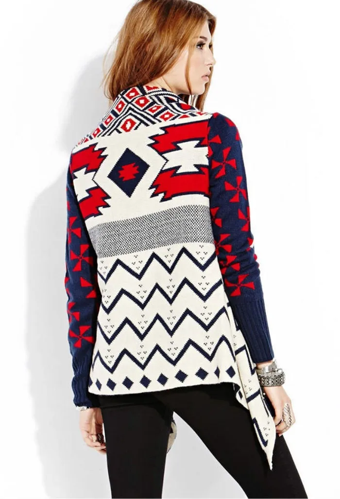 Геометрический Узор Жаккардовые Кардиган Мода 2017 Полный Рукав Открыт Стежка