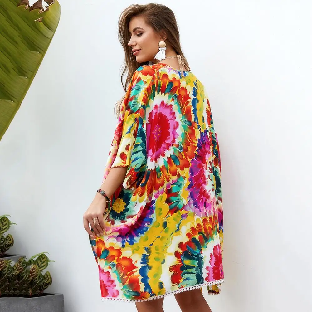 Plus Size Women Boho tops Floral 3/4 Sleeve Sun Protection Beach Summer slash neck Tops high quality new fashion |