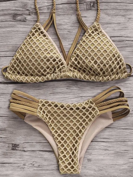 Женский купальник с чашками пуш ап розовое Сетчатое бикини цвета хаки глубоким V