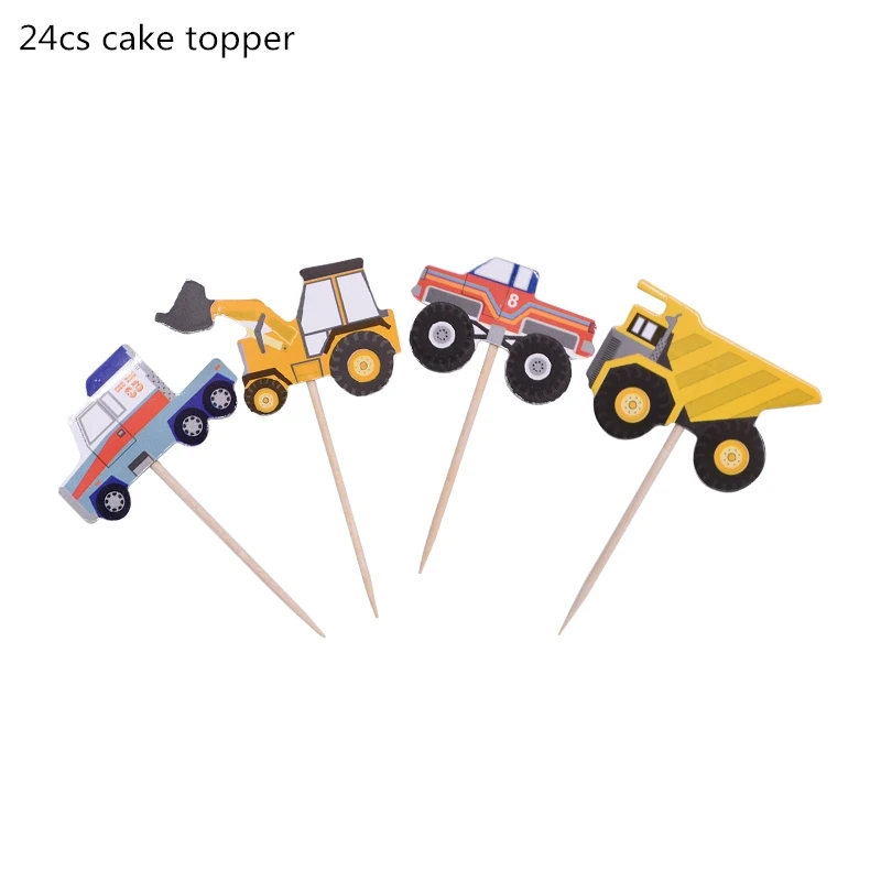 24pcs cake topper Строительные вечерние баннеры для автомобилей с днем рождения, экскаватор, грузовик, гирлянда, латексные шары, детские автомобили, украшения для дня рождения - Цвет: 24pcs cake topper