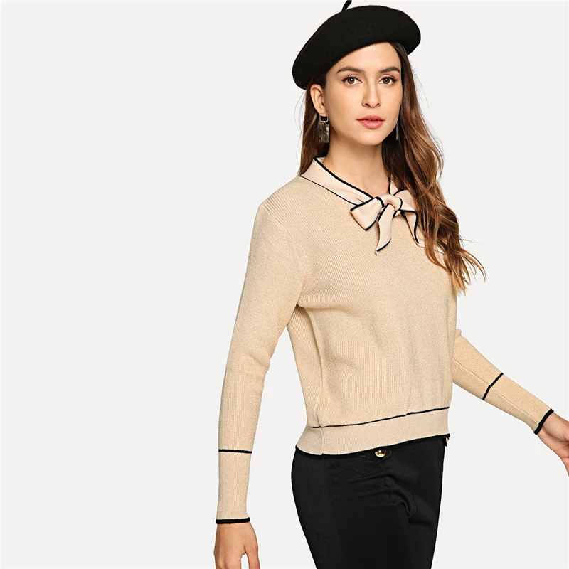 Dotfashion, абрикосовый, контрастный, с завязками на шее, джемпер для женщин, Повседневный, осень, простые, на бретелях, с длинным рукавом, Женский пуловер, свитер
