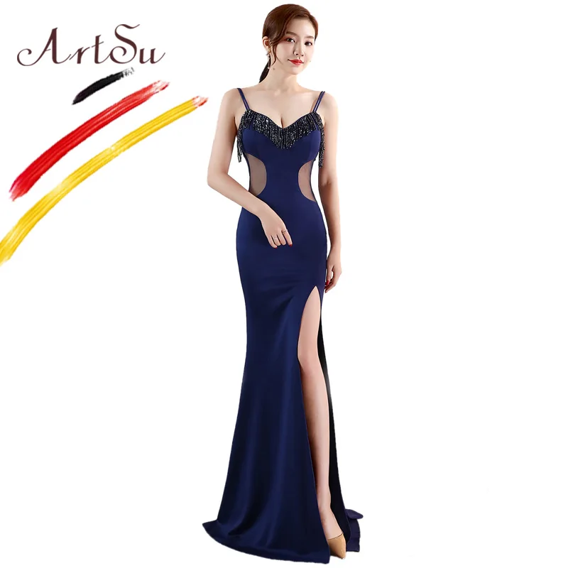

ArtSu Crystal Beading Sexy Robe De Soiree Women High Split Floor-Length Maxi Party Mermaid Dress Satin Black Vestidos De Fiesta