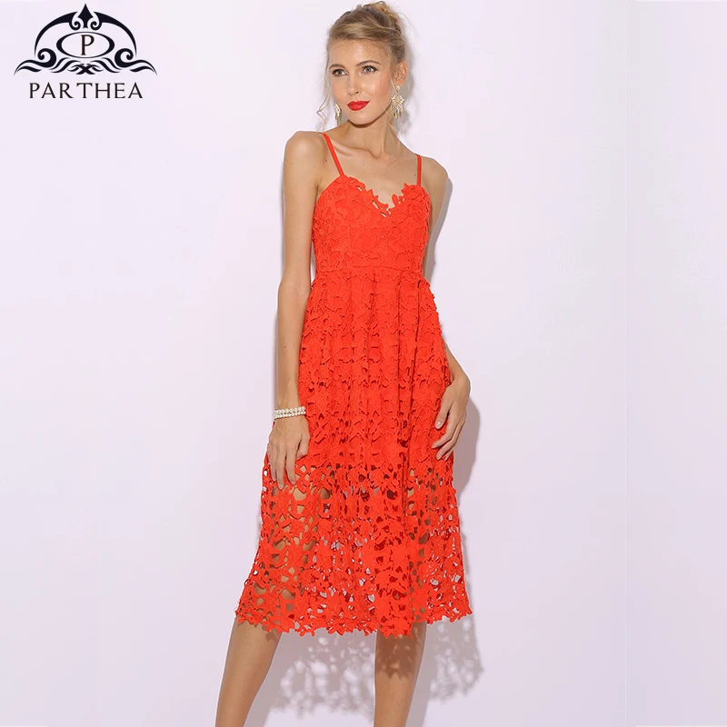 Parthea цветочное красное платье средней длины вязаное кружево летнее женское