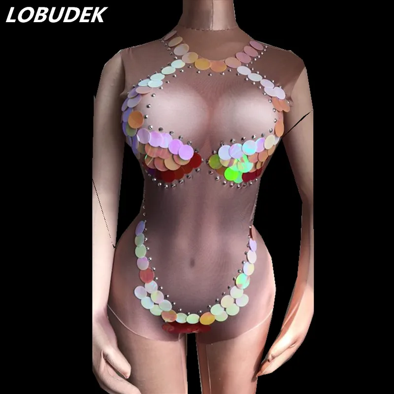 Gold Pink Sequins Nude Bodysuit Sexy Stretch Jumpsuit Nightclub DJ Women Singer Costume Bar Teams Party Pole Dancing Stage Wears