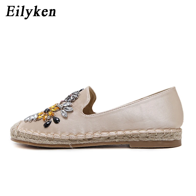 Eilyken шелк Женские туфли-лодочки и цветами из кристаллов; ботинки в рыбацком стиле Женская Повседневное Стразы Лоферы слипоны тонкие туфли; Новинка