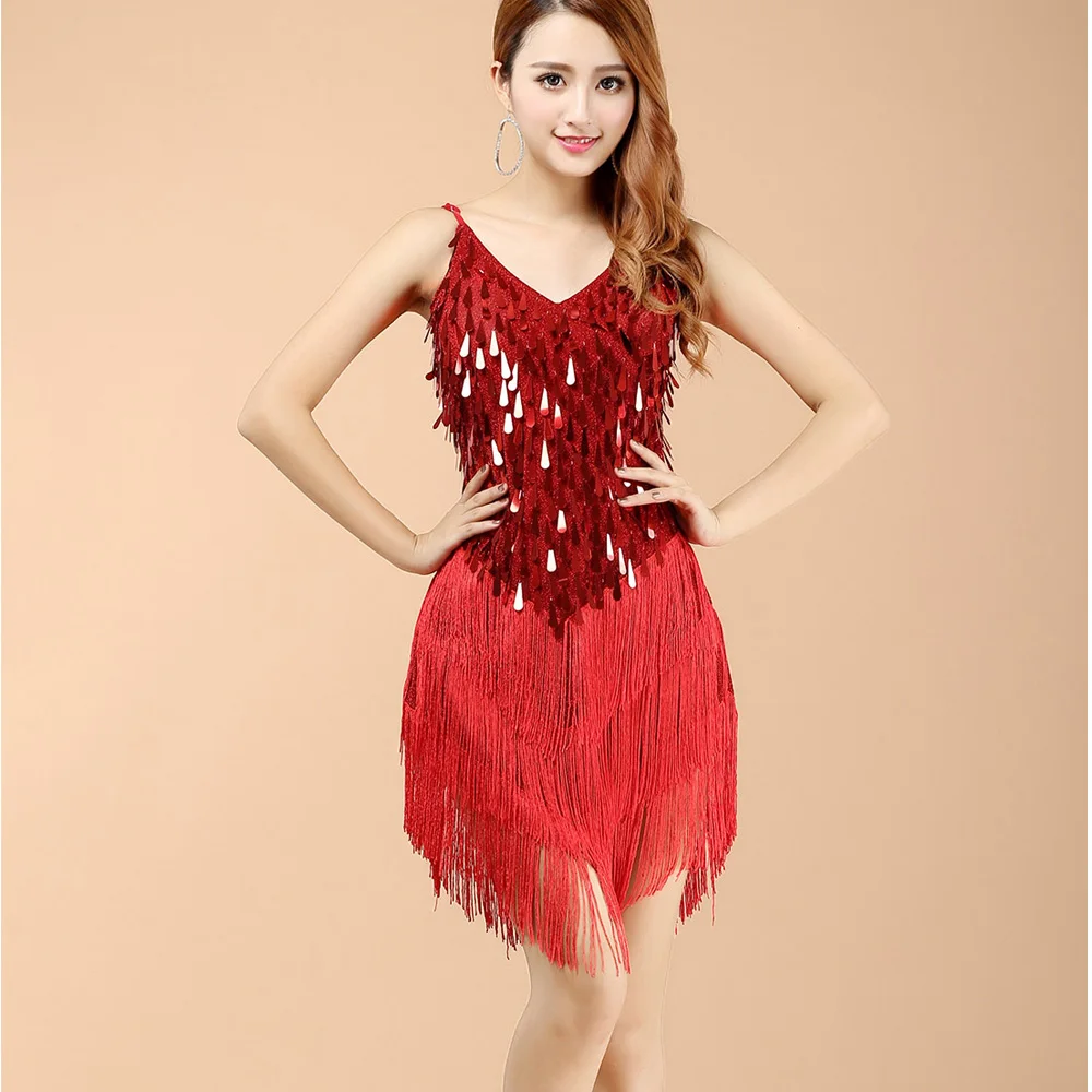 Sexy Elegant Women Dance Dress Latin Tassel Sequin Fringe Skirt Samba Salsa Dresses Costumes | Тематическая одежда и