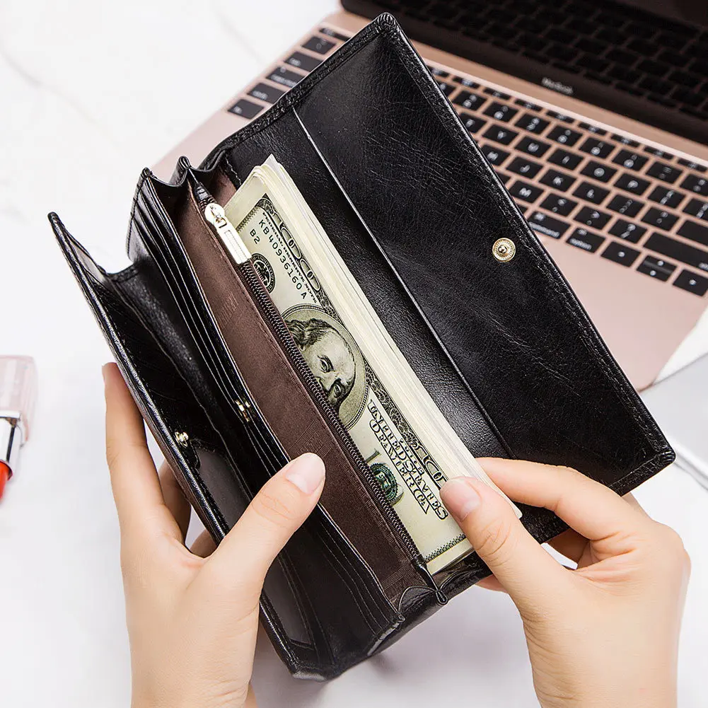 Черный женский длинный кошелек из натуральной кожи новый дизайн кожаный Женский