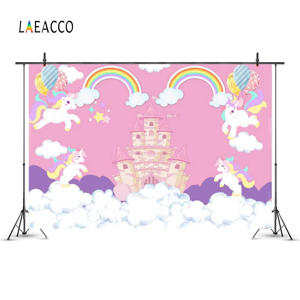 Laeacco Birthday Backdrops Castle Unicorn Rainbow Clouds Balloon Photography Backgrounds Baby Shower Photocall Newborn Photozone |