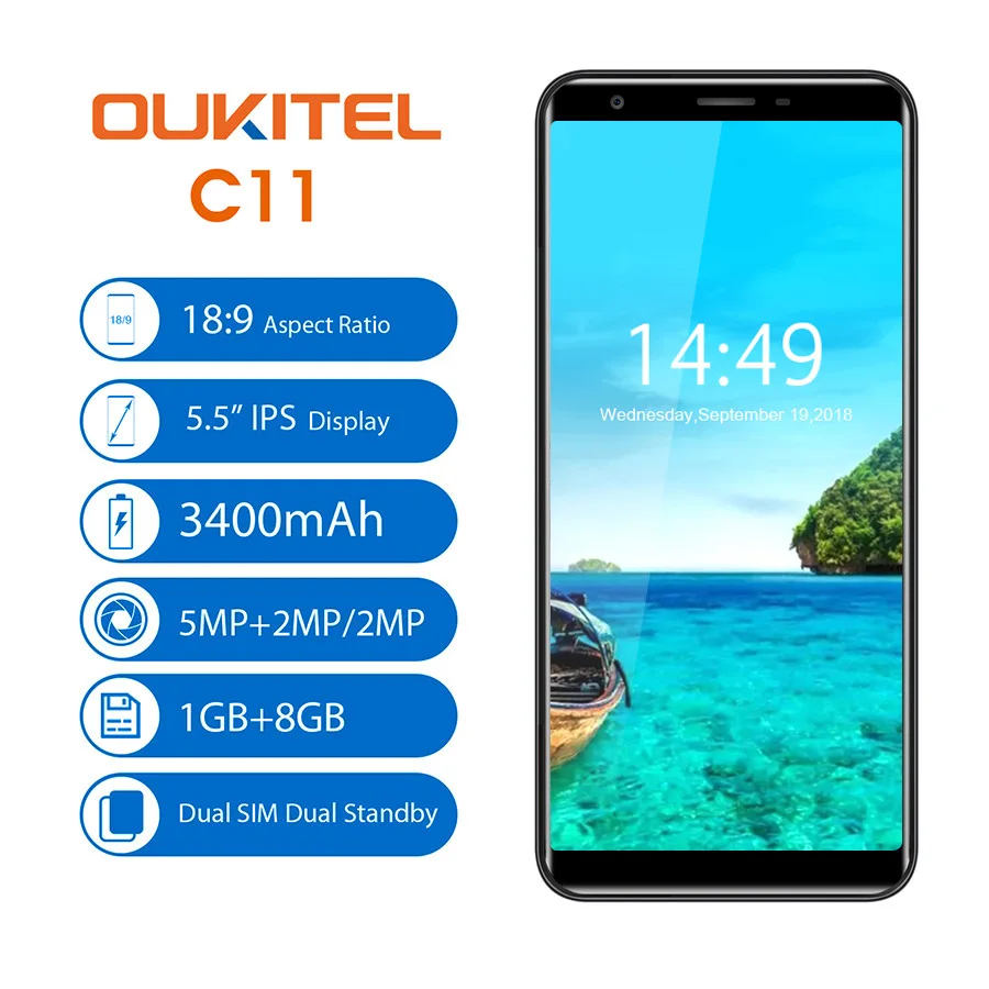 Смартфон Oukitel C11 HD экран 5 дюйма 18:9 на базе Android 8.1 1 ГБ ОЗУ 8 ПЗУ MTK6580A четырёхъядерный