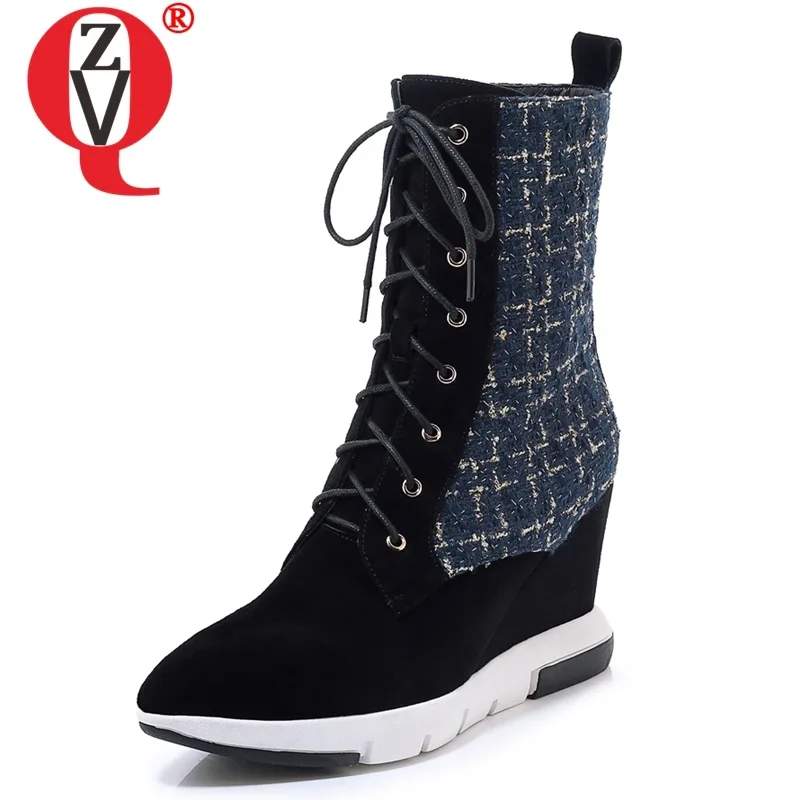 

ZVQ Woman Shoes 2019 Winter New Fashion Sexy Pointed Toe Cow Suede cross-tied Mid Calf Boots Outside Super High Heels Zip Shoes