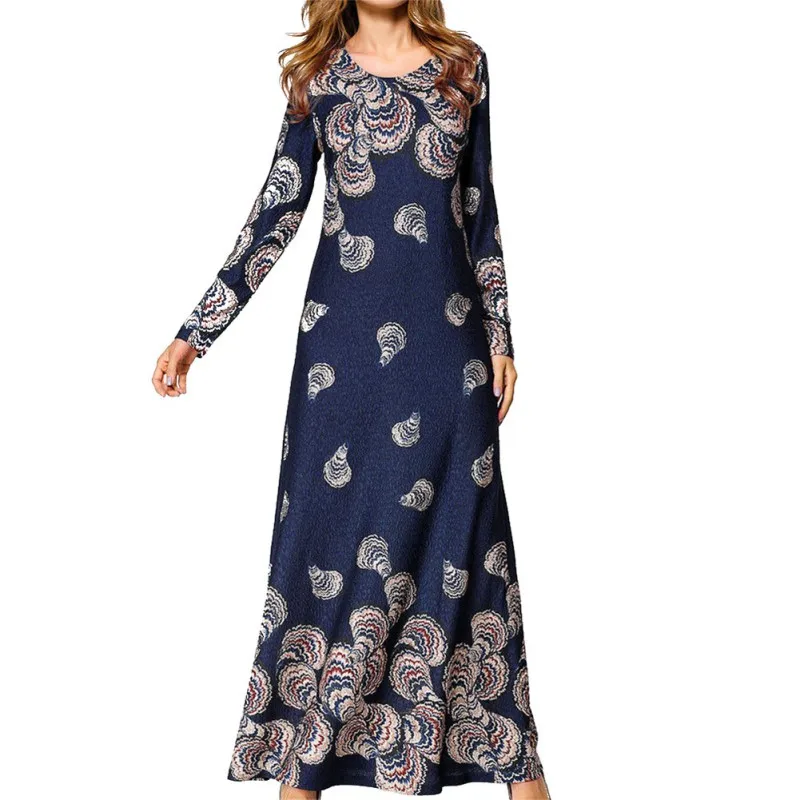 

Women Autumn Long Sleeve O-neck Bohemian Dress Women Print Slim Vintage Dress Casual Maxi Dress