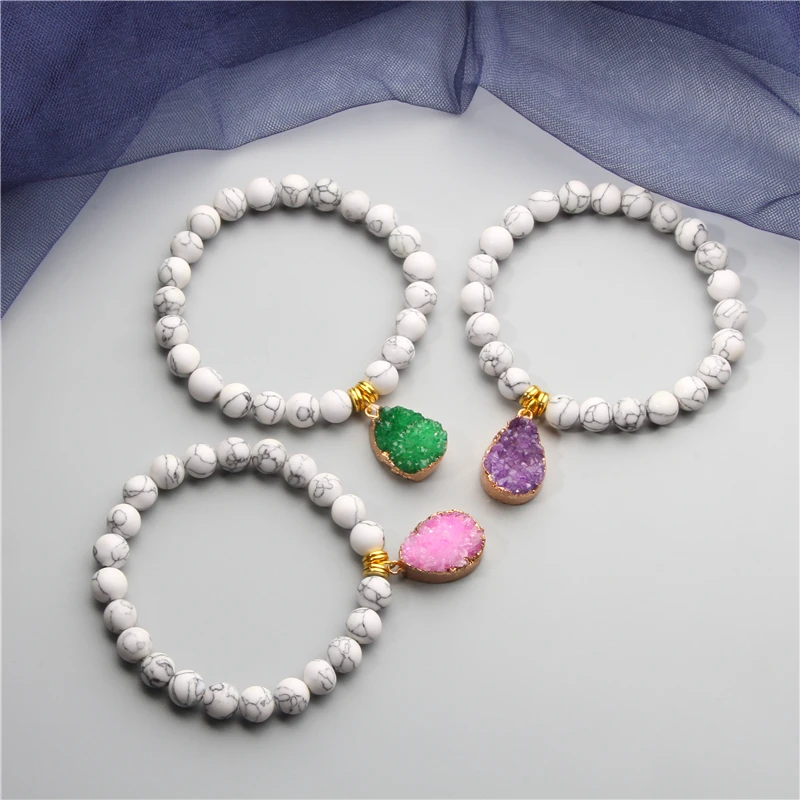 Druzy Agates Pendant Bracelets Women Natural 8 mm Smooth White Turquoises Beads Bracelets For Girls Friendship Bracelet Jewelry