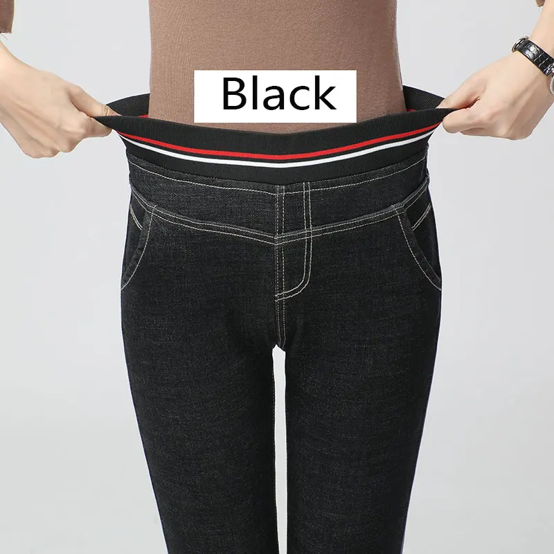 BLACK Новые Стрейчевые теплые джинсы с высокой талией, кашемировые зимние черные джинсы для женщин, женские обтягивающие джинсы с эластичной талией#087 - Цвет: BLACK