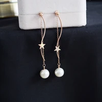 yun ruo 2018 new arrival fashion star pearl tassels earring rose gold color woman gift titanium steel fine jewelry never fade