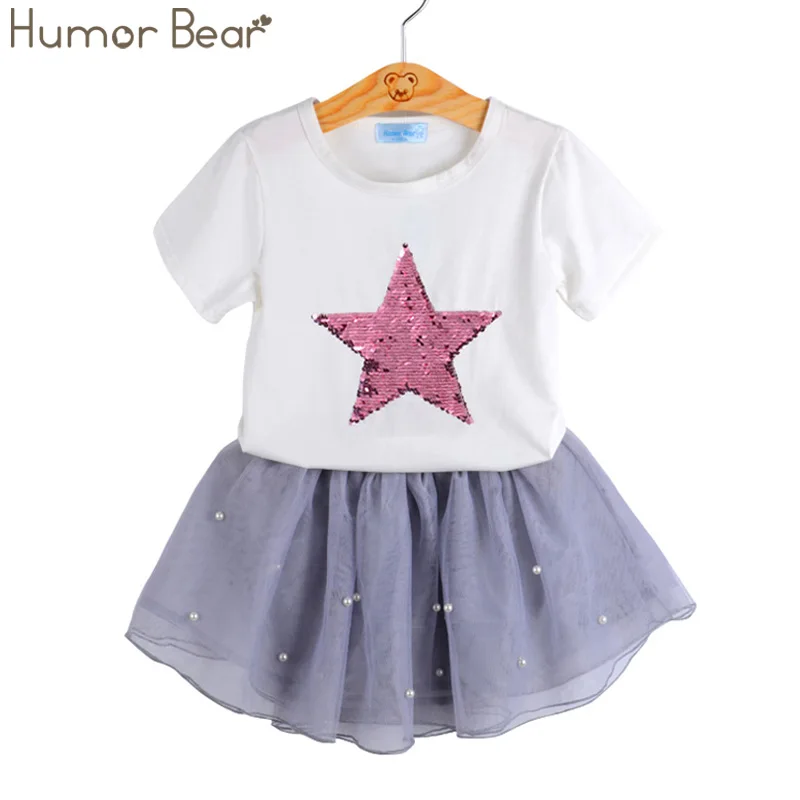 Humor bear/комплекты одежды для девочек Новая летняя Модная стильная футболка со звездами и блестками+ платье комплекты одежды для девочек из 2 предметов детская одежда