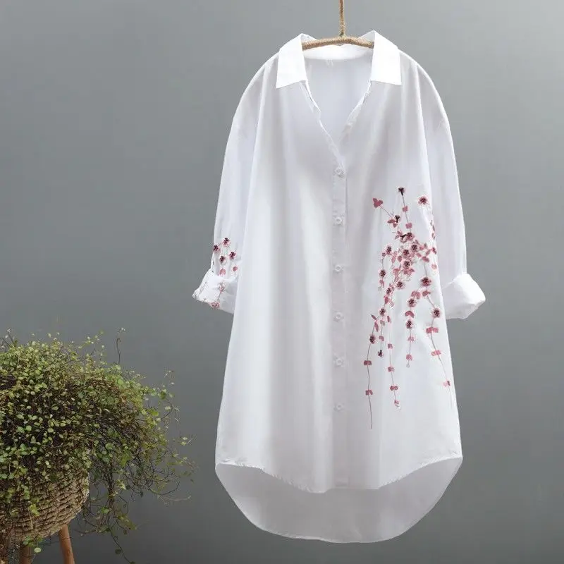 Женская длинная рубашка с цветочной вышивкой белая блузка из 100% хлопка лето
