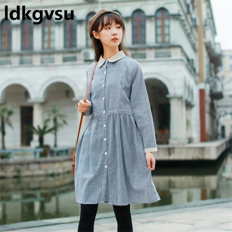 Однобортное платье-рубашка для женщин весеннее винтажное свободное платье с