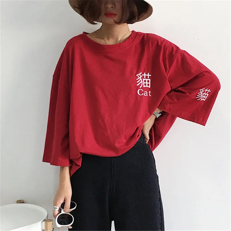 Летняя Корейская женская длинная футболка Ulzzang Kawaii, японский стиль Харадзюку, модные повседневные футболки с котом, женские шикарные винтажные красные футболки