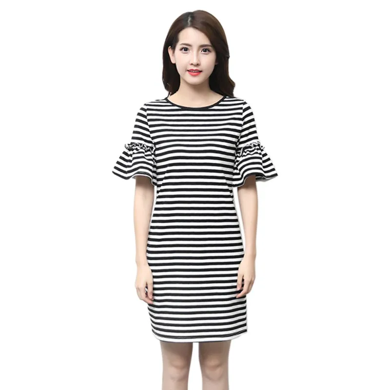 Женское мини платье в полоску с коротким рукавом и круглым вырезом|o-neck dress|mini