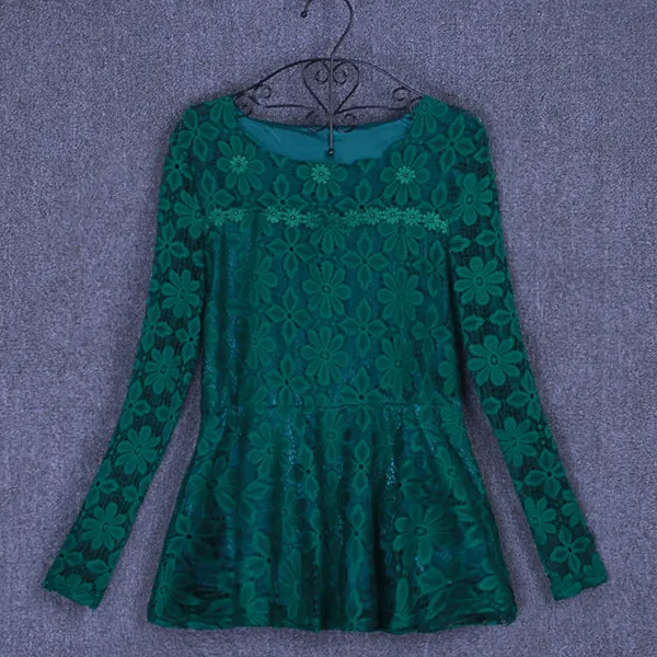 Зеленый Blusas mujer de moda женские кружевные блузки рубашки больших размеров с оборками и длинными рукавами, Повседневная кружевная рубашка blusas femininas S-5XL - Цвет: Зеленый