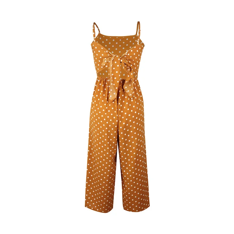 Женский комбинезон в горошек на тонких бретельках, Boho, лето, открытая спина, галстук-бабочка, сексуальные комбинезоны, пляжные, вечерние, желтые Комбинезоны