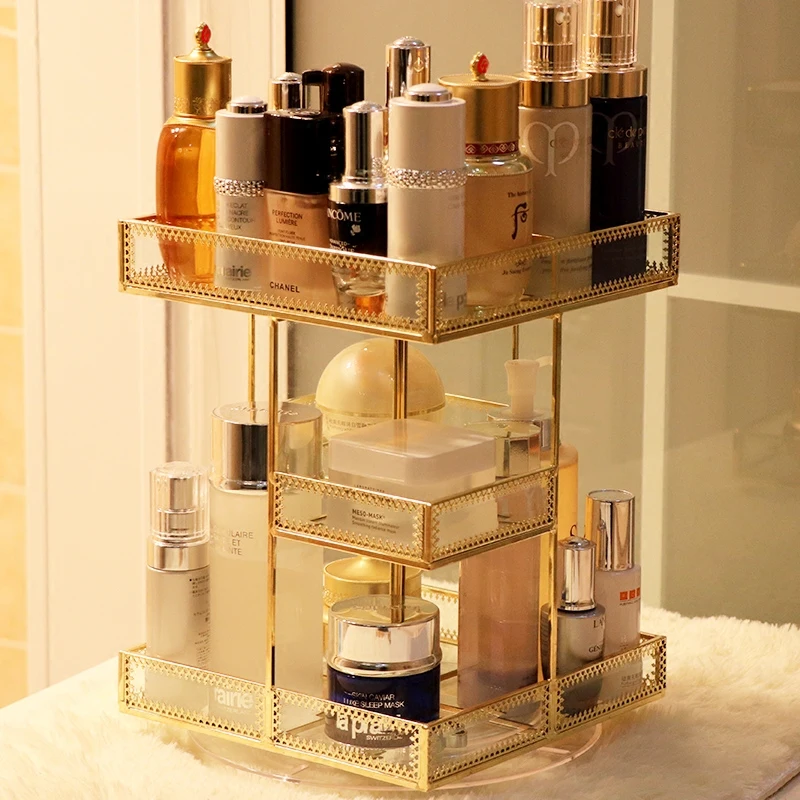 Transparent glass rotating cosmetic storage box desktop retro skin care dressing table lipstick finishing rack | Дом и сад