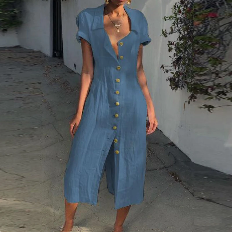 ELSVIOS Vestido Women's Solid Short Sleeve Casual Loose V-Neck Button Split Hem Long Dress Spring Summer Women Shirt Dresses 3XL | Женская