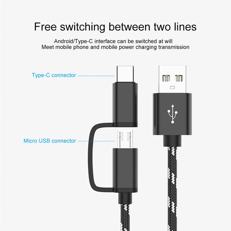 2 в 1 USB кабель для зарядки Samsung оплетка Micro usb Тип C синхронизации данных мобильный