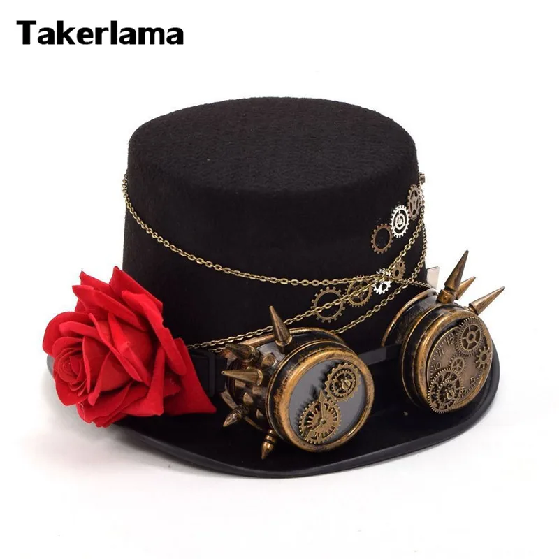 Takerlama Винтаж стимпанк шестерни очки цветочный черный топ шляпа панк стиль Fedora головные уборы Готическая Лолита Косплей шляпа унисекс шляпа