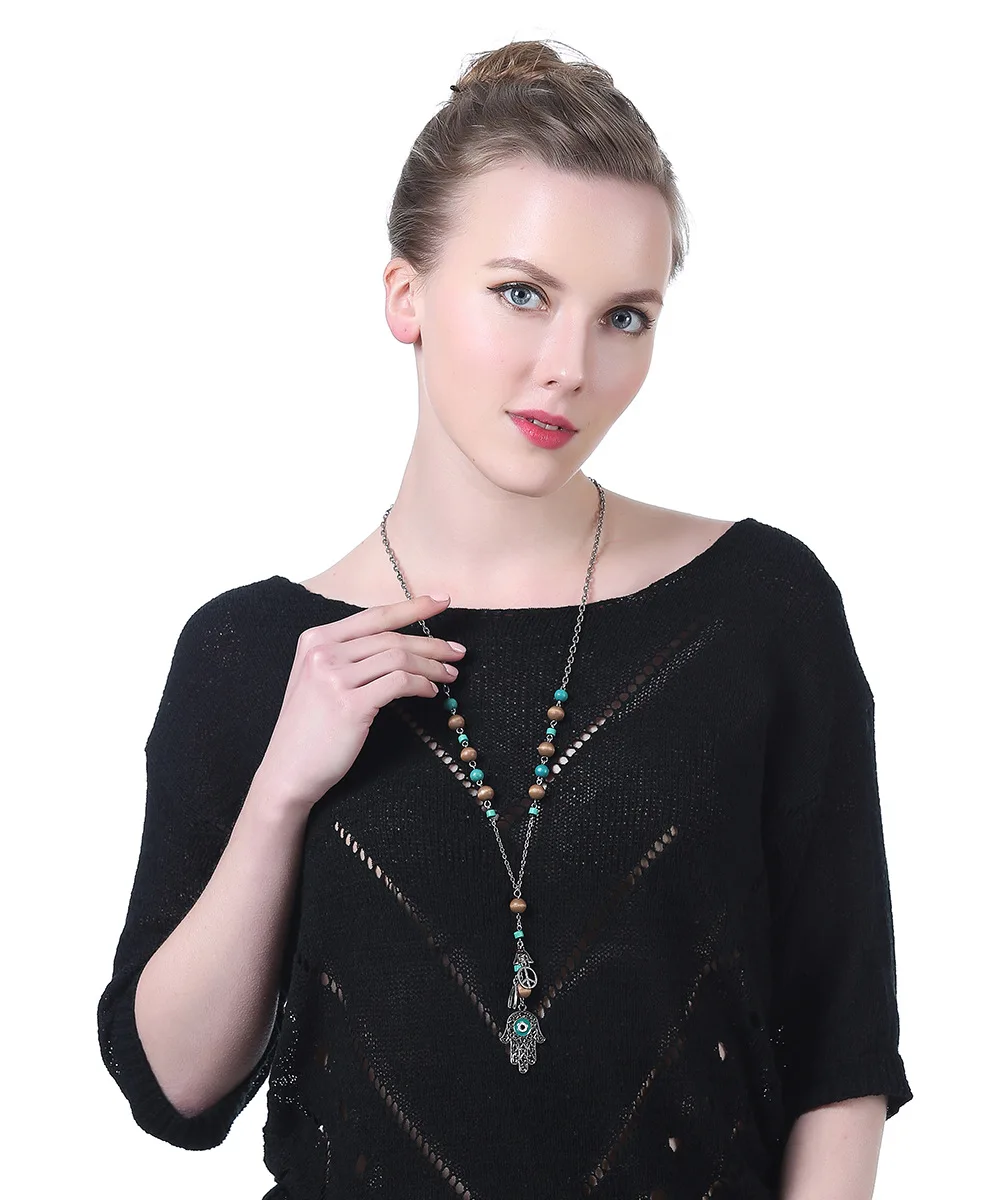 Винтажный зловещий глаз Fatima's ручная цепочка ожерелье Бохо деревянные бусы Знак