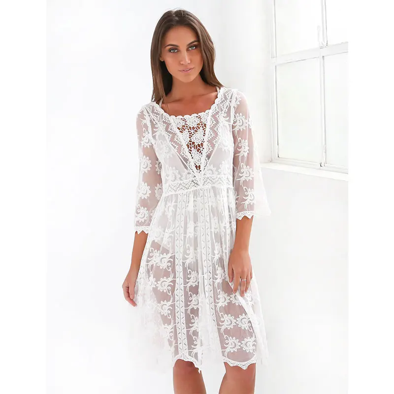 MOONIGHT Lace Beach Dress White Hollow Out Sexy Beachwear Women Beach Dress