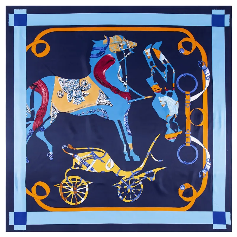 

POBING 100% Silk Scarf Women Large Shawls Horse Carriage Print Stoles Square Bandana Big Kerchief Scarf Female Foulards 130CM