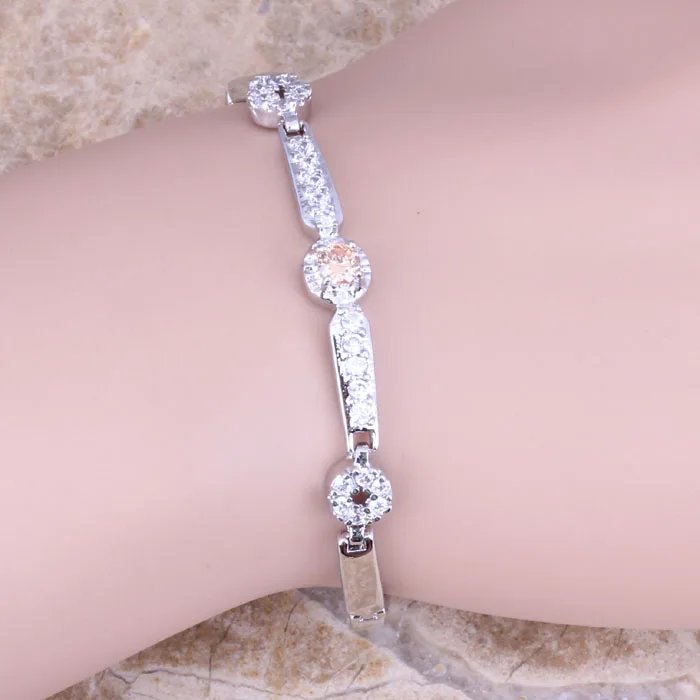 Очаровательное шампанское Морганит Белый CZ посеребренный Звено Цепи Браслет 6 5-7