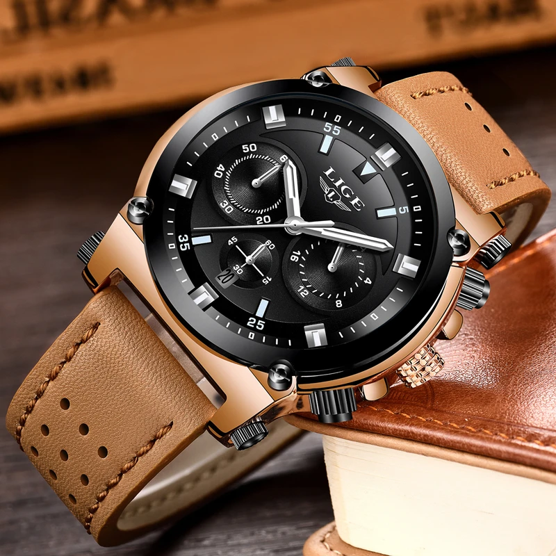 LIGE Fashion Mens Watches Top Brand Luxury Casual Sport Quartz Watch Men Leather Waterproof Military Wristwatch Relogio Masculio | Наручные