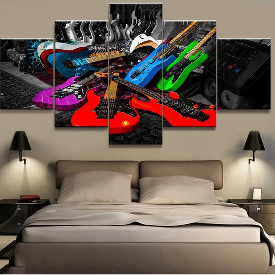 

Living Room HD Printed Modular Canvas Poster 5 Panels Colorful Guitars Framework Wall Art Painting Home Decor Modern Pictures