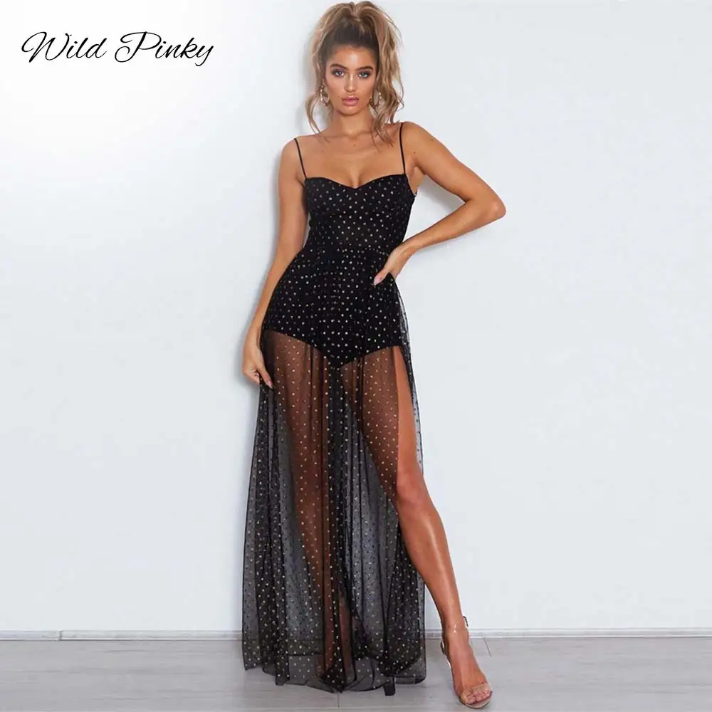 Женское винтажное Сетчатое платье макси в горошек с открытой спиной Пляжное