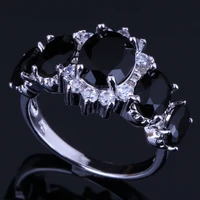 stunning oval black cubic zirconia white cz silver plated ring v0411