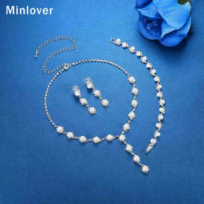 Minlover, цветочный искусственный жемчуг, Свадебные Ювелирные наборы для невесты, простое Кристальное ожерелье, серьги, браслеты, наборы для женщин, TL059+ SL077