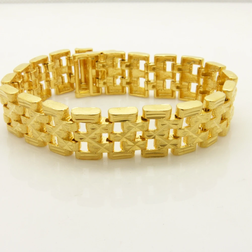 

15mm Wide Wrist Cahin Bracelet Mens Jewelry Yellow Gold Filled Wide Carved Bracelet 7.87 Inches