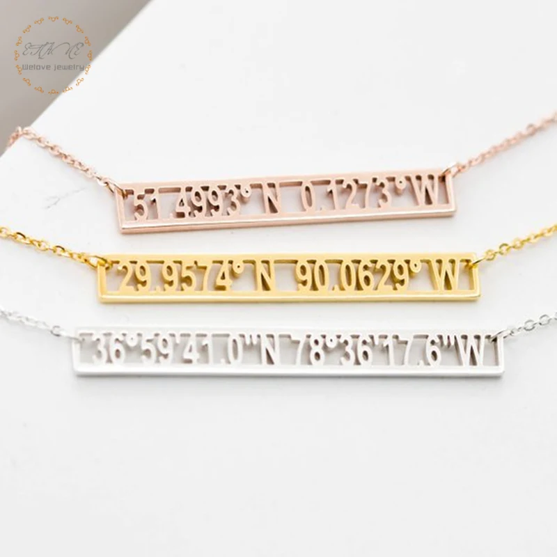 Gold Color Customized Coordinates Bar Pendant Necklace Vintage Jewelry Personalized Name Choker Custom Bijoux Kolye | Украшения и